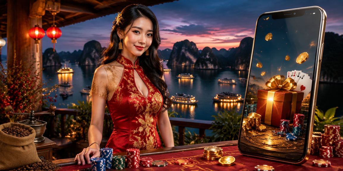 Người dùng Việt Nam dùng ứng dụng casino 923 bên tách cà phê với cảnh Vịnh Hạ Long