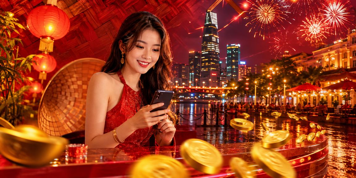 Người phụ nữ Việt Nam đội nón lá trải nghiệm casino trên điện thoại di động tại Hồ Chí Minh